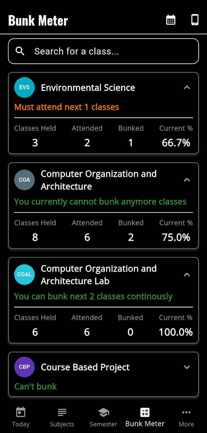 Real AttendMate Bunk Meter screen