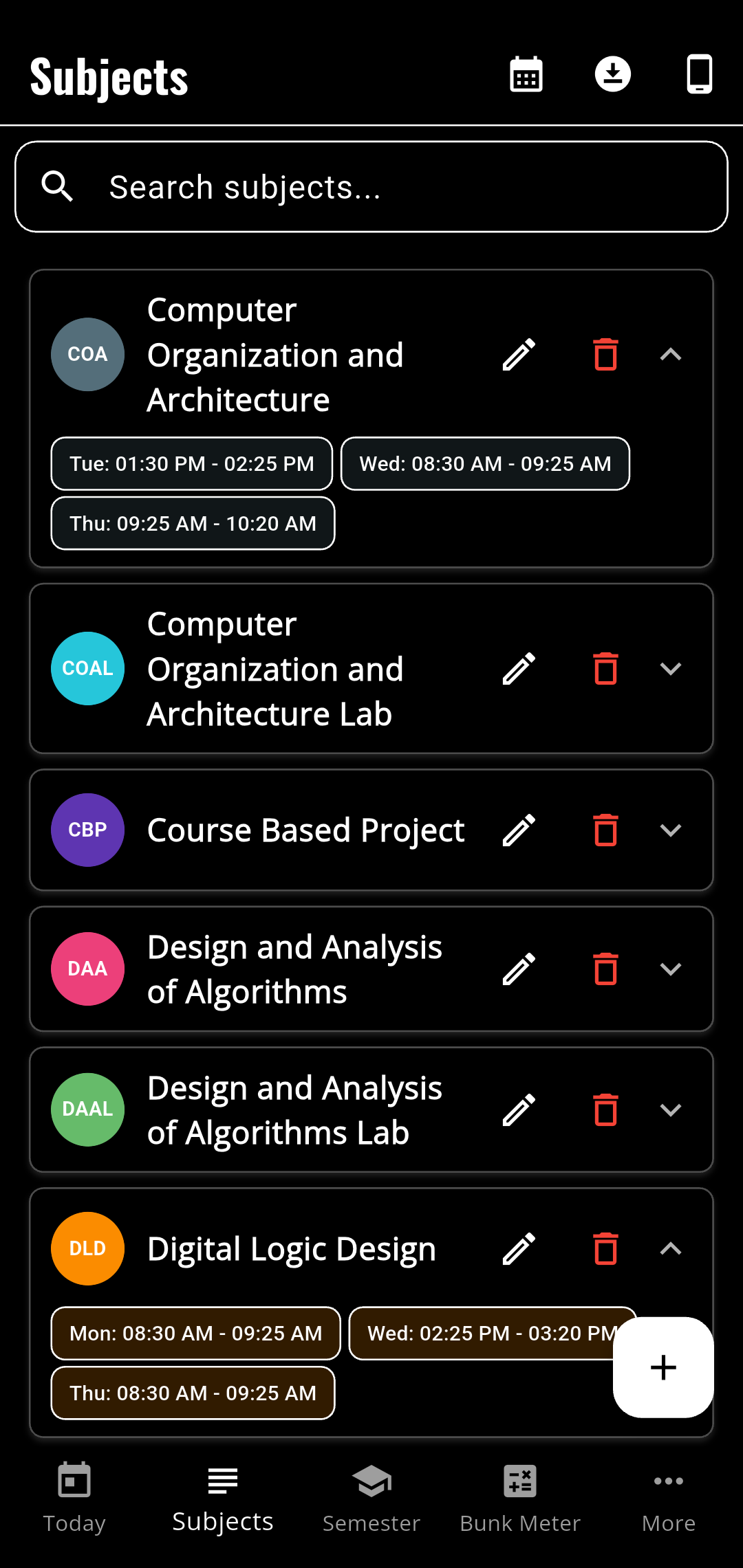Real AttendMate Subjects screen