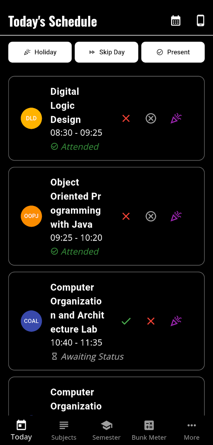 AttendMate Today's Schedule app screen