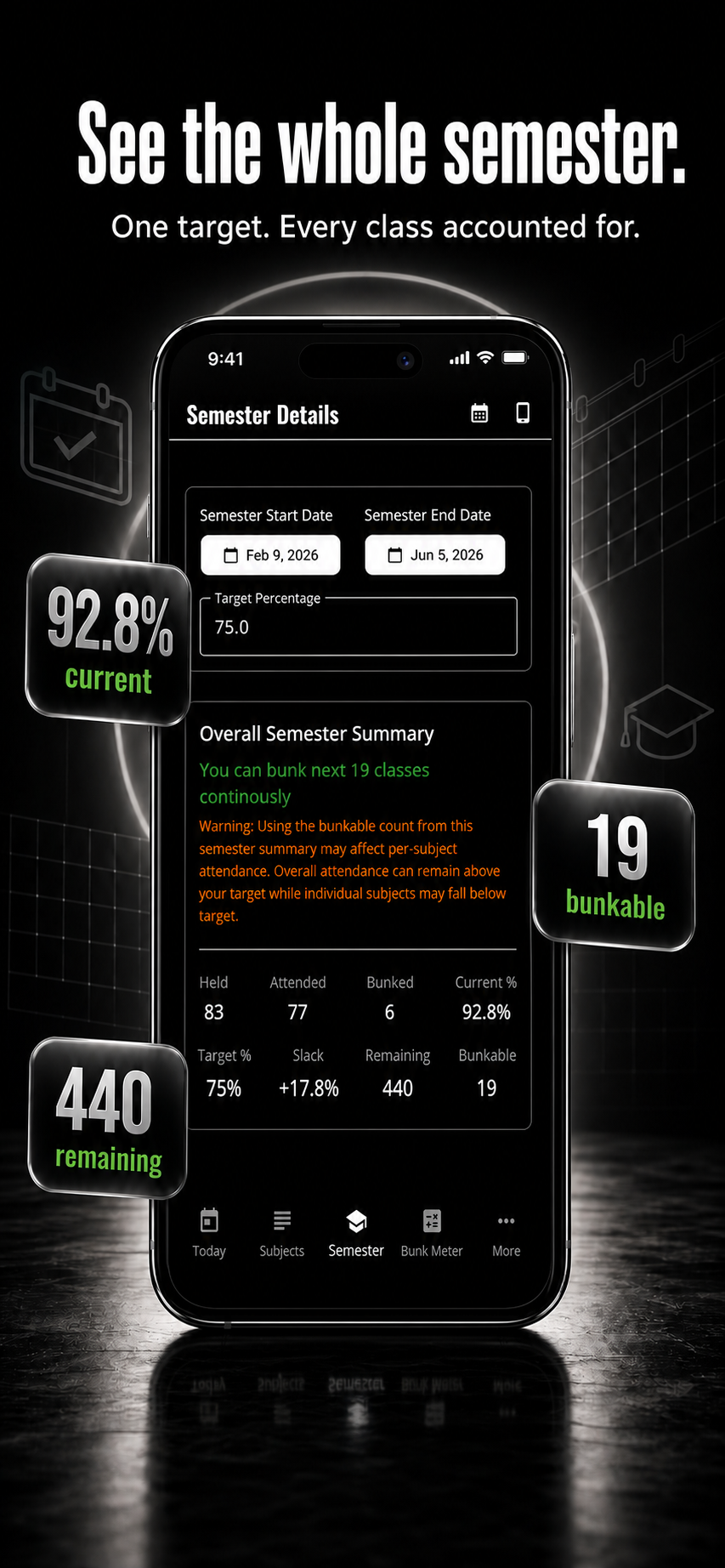 AttendMate semester overview on iPhone